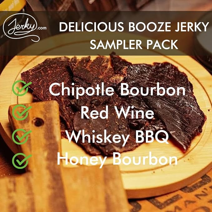 Jerky.com Booze Jerky Sampler - Featuring Chipotle Bourbon, Red Wine, Whiskey BBQ, Honey Bourbon Beef Jerky - Great Gift for Men (4 Flavors - 1 oz. bags)