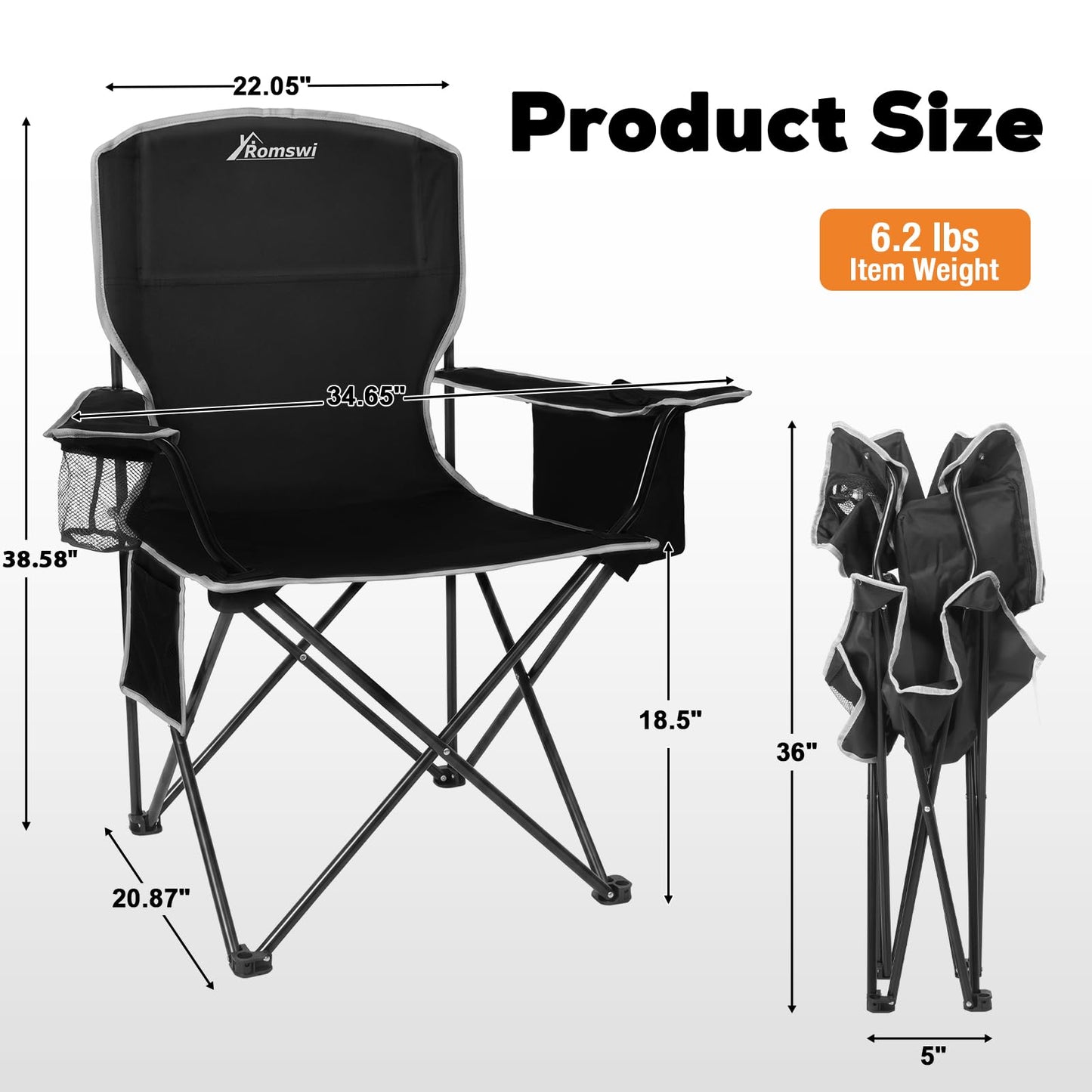 Romswi Lightweight 2Pcs Camping Chairs for Adults, Folding Lawn Chair with 4-Can Cooler Bag, Cup