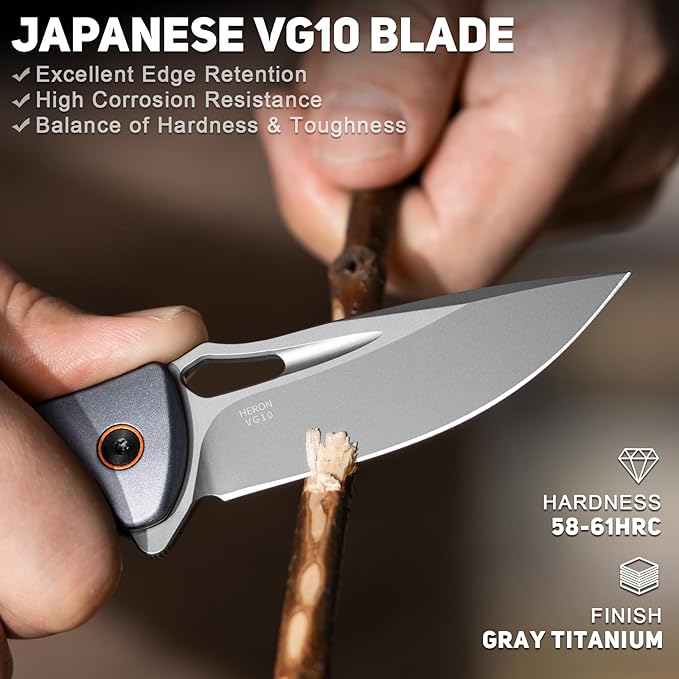 NedFoss Heron EDC Pocket Knife, 2.95" Japanese VG10 Steel Blade Button Lock Knife with Lightweight Blue G10 Handle w/Aluminum Bolster, Utility Folding Knife for Camping, Hunting, Survival Use