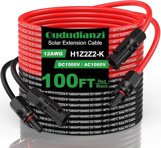 Oududianzi 12AWG Solar Extension Cable 100Ft, 12Gauge Tinned Copper PV Wire, Solar Panel Wires and Connectors for Home RV Boat Outdoor Camping Photovoltaic Systems, Set of 2