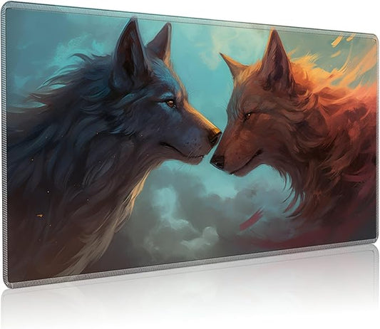 Playmat for MTG, 24 x 14 inches Game Play Mat for MTG TCG and Other Card Games, Trading Card Game Play Mat Desk Mats with Stitched Edges Non-Slip Base, Two Wolfs