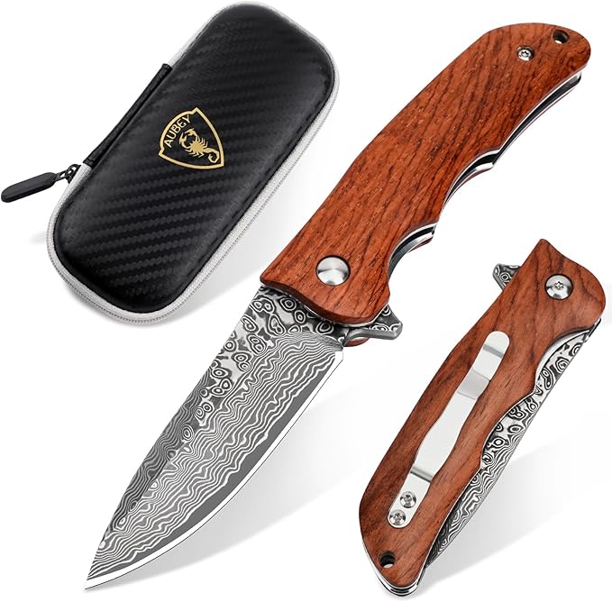 AUBEY Damascus Pocket Knife with VG10 Core, Wooden Handle, EDC Folding Knives for Men Outdoor Camping Collection Gift