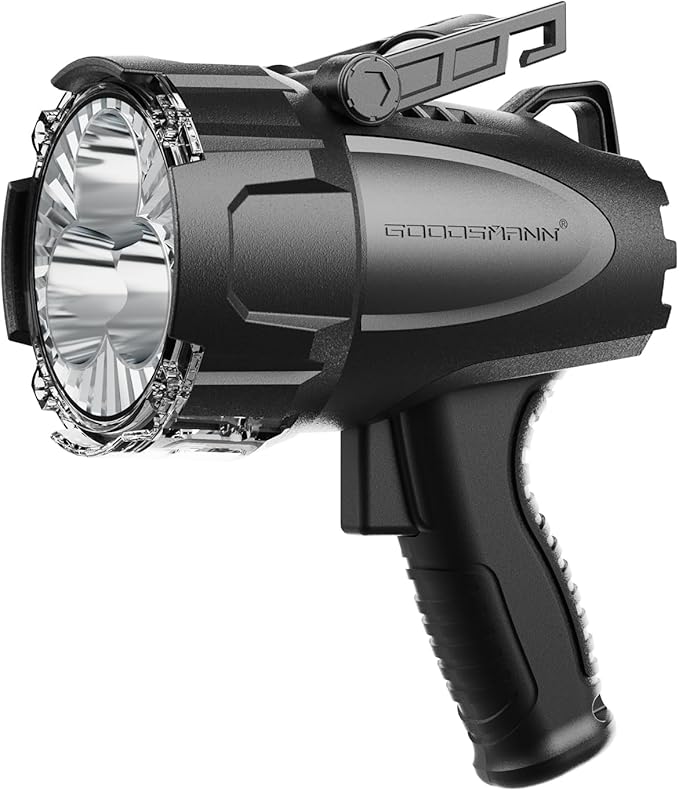 GOODSMANN Rechargeable Spotlight LED Portable Handheld Searchlight up to 6000 Lumen IP67 Waterproof Marine Spot Light for Hiking Boating Camping Hiking with EVA Carrying Case and Red Filter Lens