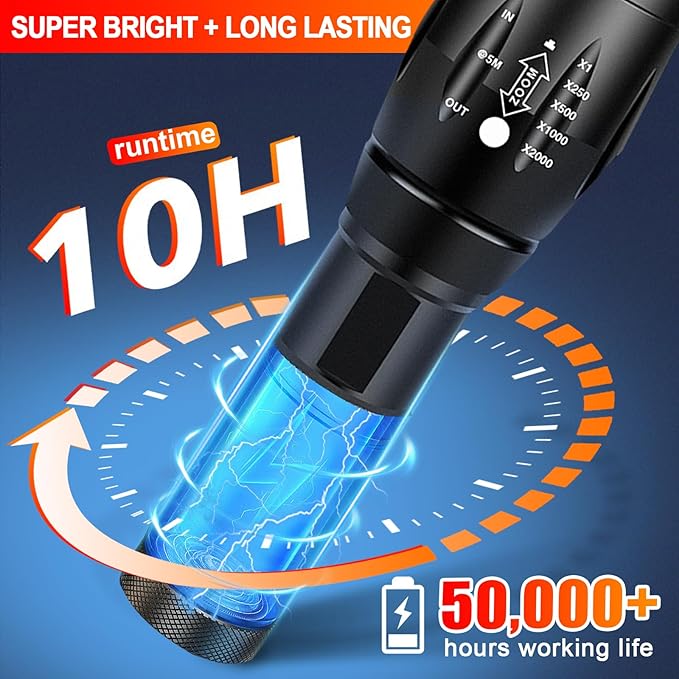 2 Pack LED Tactical Flashlights High Lumens Lights Portable Waterproof Zoomable Flashlight with 5 Modes for Camping/Outdoor/Hiking/Gift-Giving/Emergency