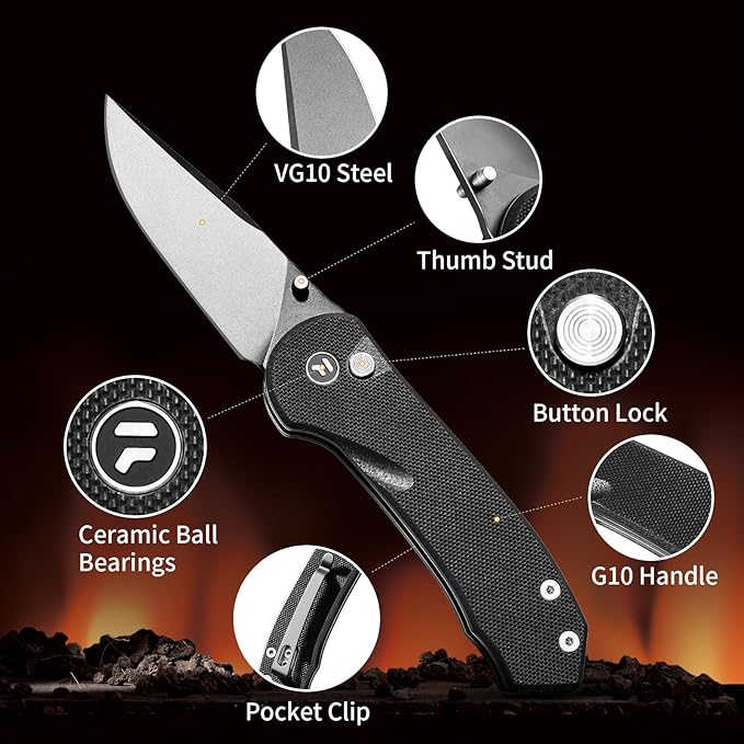 Button Lock Pocket Knife with 2.85 inch VG10 Steel Blade G10 Handle, Folding Knife for EDC,Black