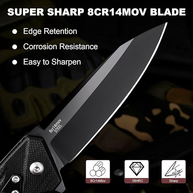 AUBEY Pocket Knife, 8Cr14Mov Steel Blade 3.54", 3-in-1 Folding Knife for Men, Tactical Multitool Knife with Glass Breaker Seat Belt Cutter for EDC Outdoor Survival Camping Hiking (G10 Handle)