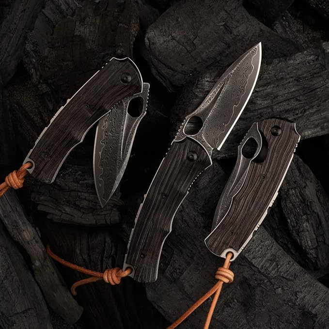 Folding Knife 3in Handmade VG 10 Damascus Steel Knife Pocket Knife, Leather Case, Ebony Handle, with Padded Lock, Suitable for Outdoor Camping Fishing and Carrying Knives