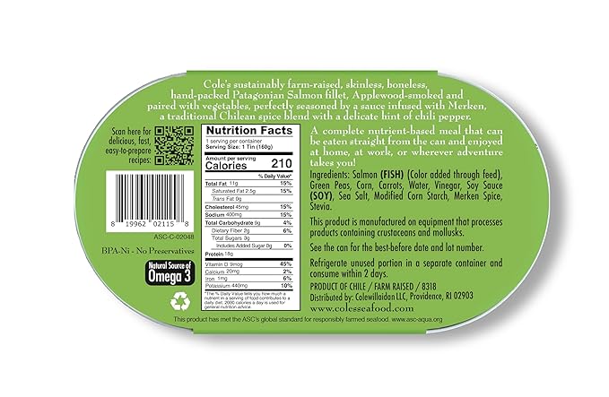 COLE’S - Patagonian Smoked Salmon Fillet with Vegetables| Ready to Eat Meal | 5.6 oz Canned & Hand-Packed | 19g Protein | High in Vitamin D | 12 pack