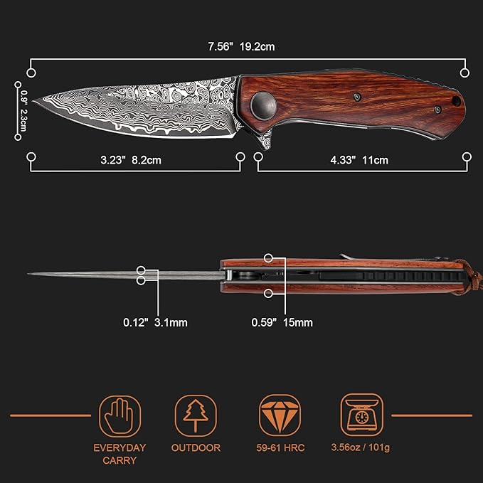 AUBEY Damascus Folding Pocket Knife Handmade with Clip for Men, Damascus Hunting Knife EDC Knife with Liner Lock for Outdoor Survival Camping Collection, Wooden Handle