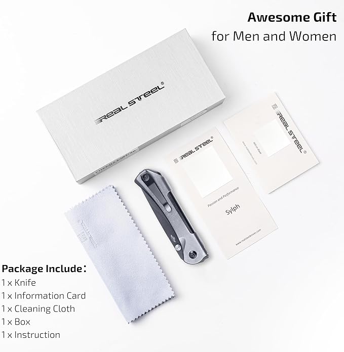 REALSTEEL SYLPH Folding Pocket Knife, Liner Lock, 3.07" Nitro-V Steel Black PVD Blade, Thumb Stud, Double Bending Steel Handle, 3.35oz, Deep-carry Pocket Clip, EDC Outdoor Indoor, Gifts for Men Women Camping Hiking Climbing (Gray Black)