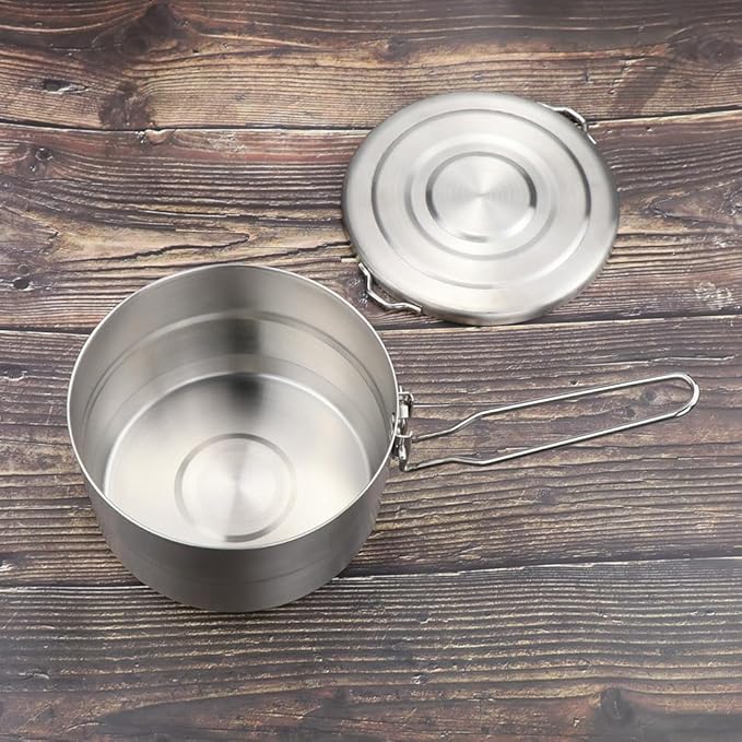 Lixada Stainless Steel Camping Cook Pot 1.5L with Lid and Folding Handle, Large Capacity Bento Pot for Outdoor Backpacking, Hiking, Picnic