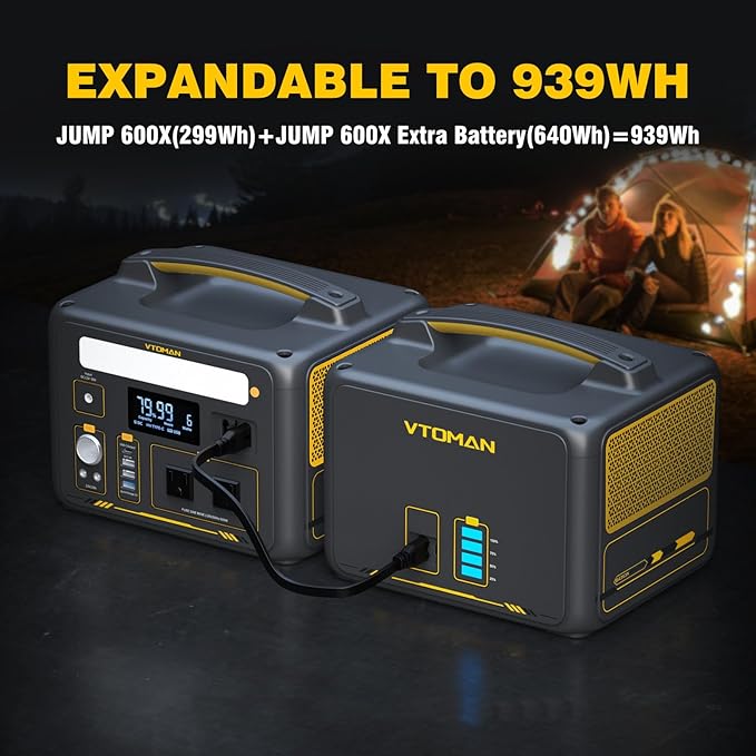VTOMAN Jump 600X 600W Portable Power Station with 640Wh Extra Batteryï¼?39Wh Solar Generator LiFePO4 Battery, 1200W AC Outlet, PD 60W USB-C, 3x Regulated 12V/10A DC for Camping, Off-grid, Home Backup