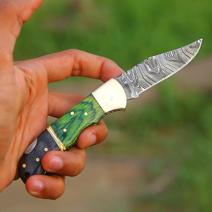 6.5 inch Damascus Pocket Knife with Sheath, Handmade Folding Pocket Knife for Men, Black-Red Wooden Handle with Brass Bolster, Secure Lock Back Camping Knife for EDC,Hunting,Hiking (Green)