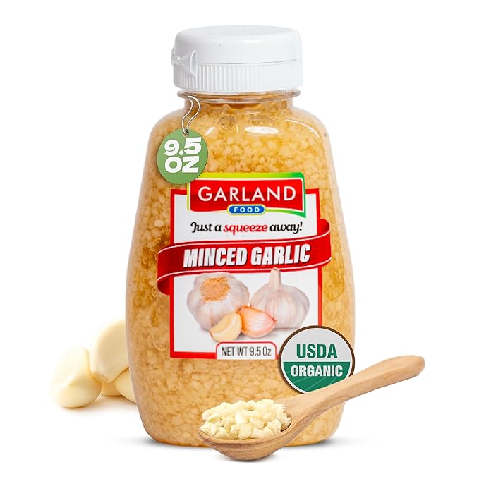 Garland Food Squeezable Minced Garlic in Water 9.5 oz ??Made in the USA - Garlic Minced Squeeze Bottle for Fresh Flavor, Time-Saving Prep, and Versatile Uses in Every Dish