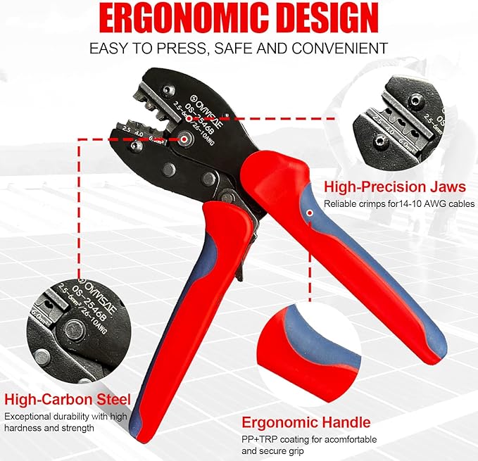 OYMSAE Solar Crimper Tool Kit with Y Connector - 24 PCS Solar Tools for PV MC4 Connectors: 10-14AWG Ratcheting Crimper, 10 Pairs Connectors, 2 Wrenches