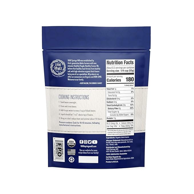 1000 SPRINGS MILL - Organic Black Beans | Used for Soups, Salads, Chili, Dips or Various Breakfast Dishes | Bulk Dry Black Beans | Resealable Bag | Vegan Friendly | 16oz (Pack of 4)