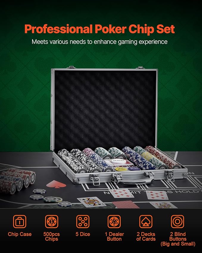 VEVOR Poker Set, 500-Piece Complete Poker Playing Game Set for Texas Hold'em, Blackjack, Gambling, Poker Chip Set with Aluminum Carrying Case, 11.5 Gram Casino Chips, Cards, Buttons and Dices