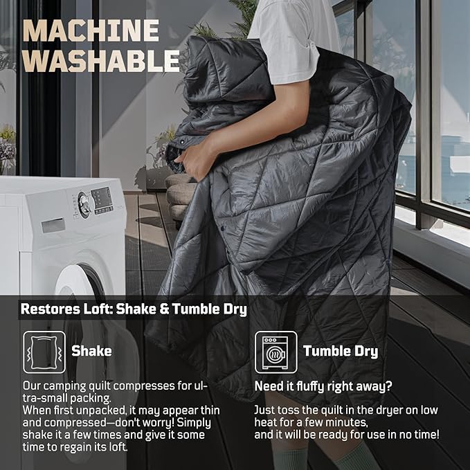Camping Blanket - Packable, Ultra Warm and Lightweight with Snap Button Backpacking Quilt, for Sleeping, Outdoors, Travel, and Indoor Use - Gray