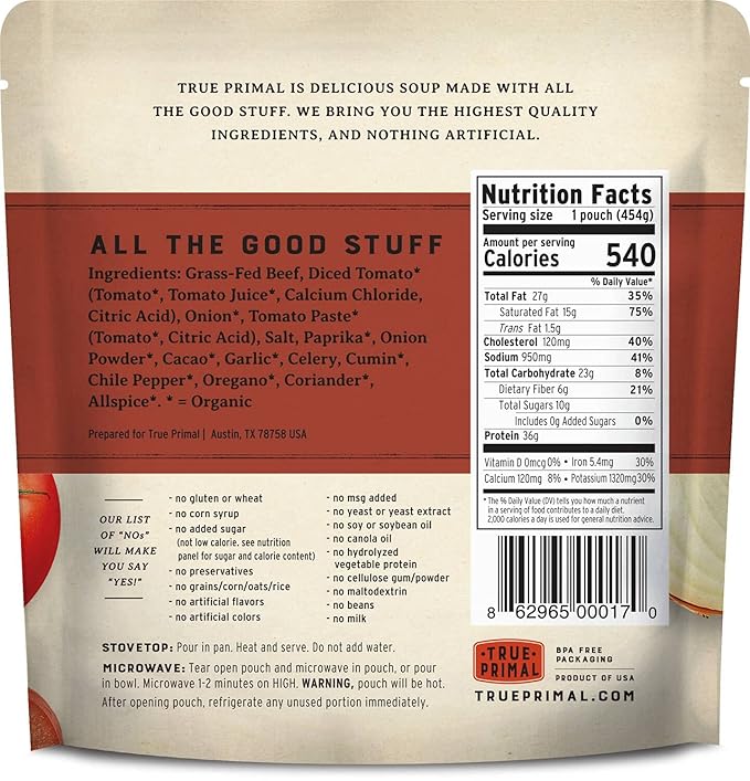True Primal Beef Chili 8-pack, No beans, Ready to eat, Gluten free, Paleo, Grass-fed beef, Whole30, Keto