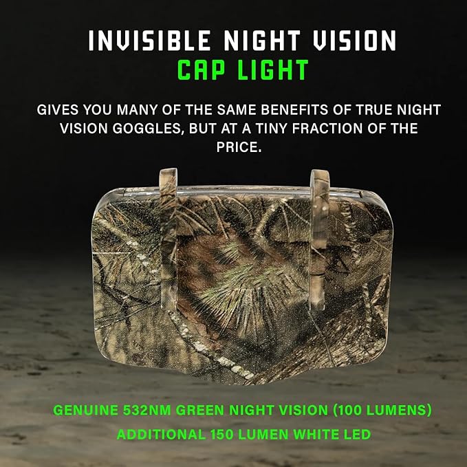 Night Vision Cap Light ?“Compact, Clip-On Hat Flashlight Powered by AAA | Dual LED Modes for Camping & Hunting | Lightweight Hat Flashlight for Billed Hats Suitable for Outdoor use Camo