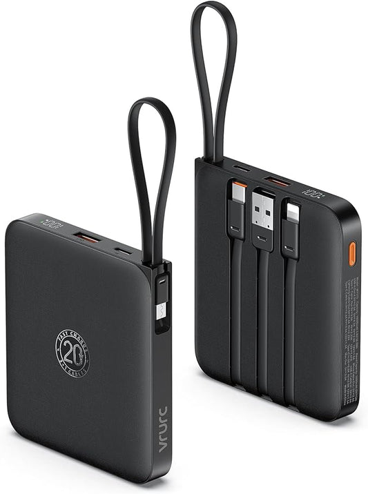 VRURC Portable Charger with Built-in Cable, 10000mAh 22.5W Fast Charging USB C Battery Pack, Cell Phone Power Bank for iPhone 16 15 14 Samsung Galaxy S25 S24 S23 Series Android Tablet, Black(1 Pack)