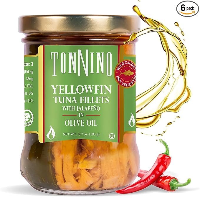Tonnino Yellowfin Tuna in Olive Oil with Jalapeño 6.7oz - Gourmet 6-Pack: Omega-3, High Protein, Gluten-Free, Ready-to-Eat Tuna Packets for Tuna Salad, Tuna Fish Alternative to Salmon, Spicy Kick