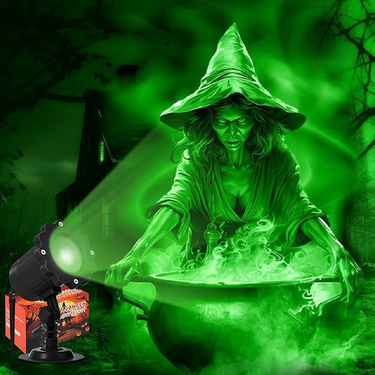 Treela Halloween Projector Lights Outdoor Dynamic Witches and Cauldron Lights Decoration Outside Indoor LED Landscape Lamp for Holiday Garden Supplies(Green)