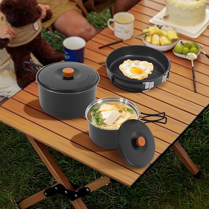 Camping Cookware Set, Camping Cooking Set,304 Stainless Steel Camping Pots &Frying Pan Set,Campfire Cooking Equipment with Storage Bag for Camping,Household, Hiking, Beach Trips