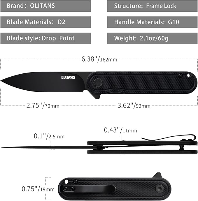 G040 Pocket Knife, 2.75'' D2 Steel Blade G10 handle, Small EDC Knife with Pocket Clip for Men Women, 2.1oz