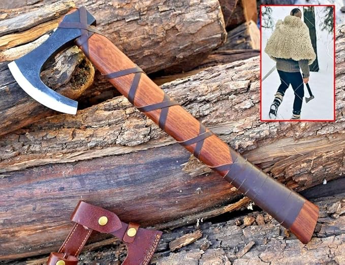 Ragnar Viking Axe - Hand Forged Carbon Steel Hatchet with Leather Sheath | Norse Bearded Axe for Camping, Throwing, Hunting, Outdoor Survival | Gift for Men