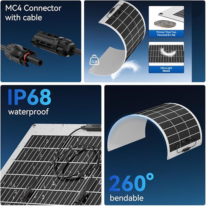 100W Flexible Solar Panel, 12V Monocrystalline Lightweight High Efficiency Bendable Mountable for RV Roofs Boats Camper Caravan Cabin Trailer Battery Charge Off- Grid System Uneven Surfaces
