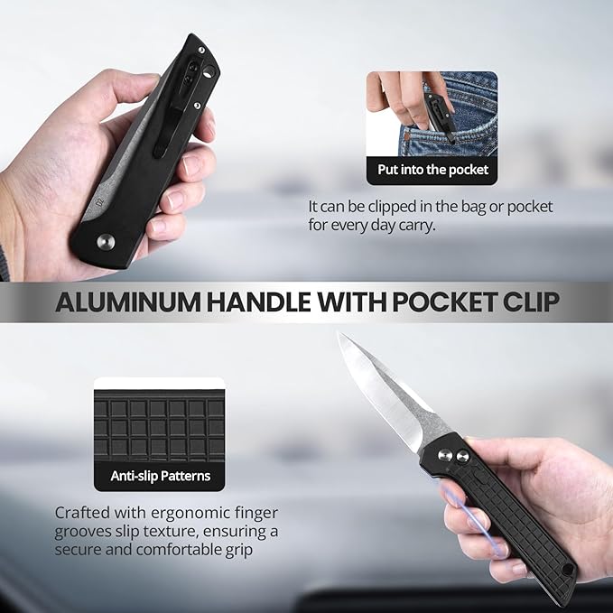 Pocket Knife for Men, Tactical Folding Knife with Clip, 3.94" D2 Steel Blade, Aluminum Handle, Safety CNC EDC Knives, Survival Gadgets Gifts for Men Women Camping Hiking Everyday Carry