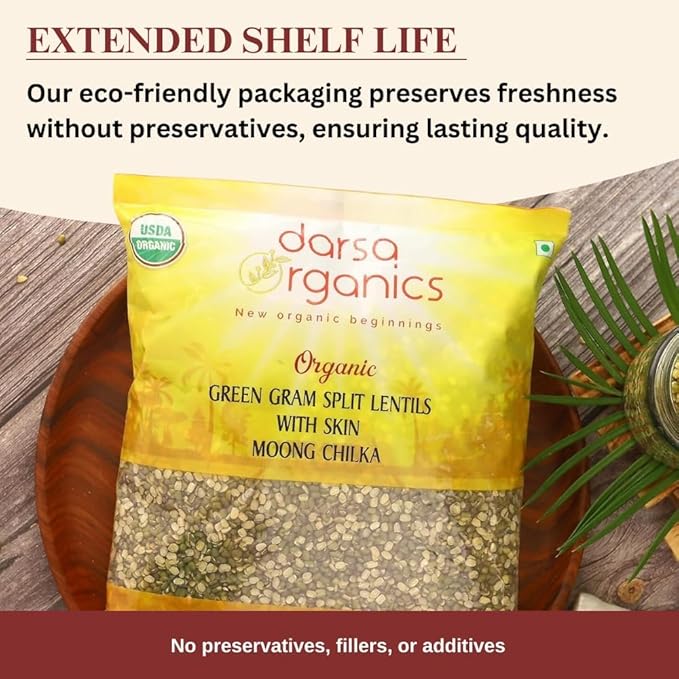 Darsa Organics Mung Split Lentils with Skin, Moong Dal with Skin 2 lb - USDA Organic Green Lentils, Non-GMO, Kosher, Chemical-Free, Protein Rich Organic Split Green Gram, Gluten-Free, Vegan
