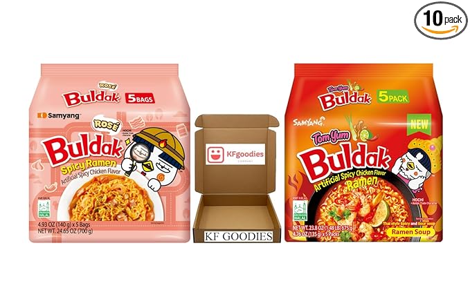 KF GOODIES Korean Ramen Variety Pack Gift Box (10 Count) – Spicy Buldak Noodle Assortment for Birthdays, College Care Packages, Office Snacks, and Gift Baskets