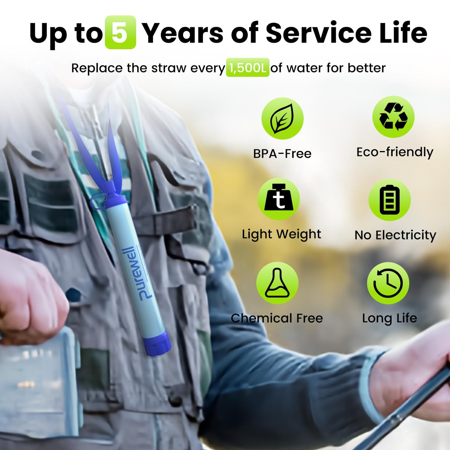 Purewell Outdoor Water Filter Personal Water Filtration Straw Emergency Survival Gear Water