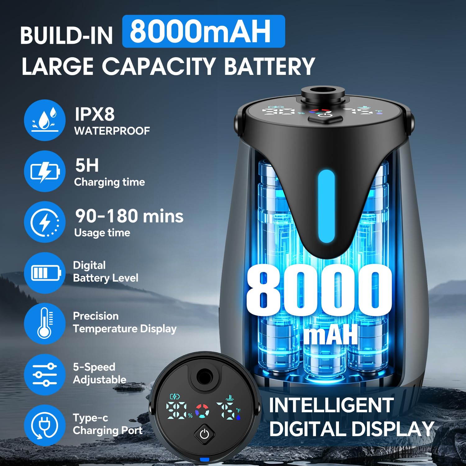 Portable Shower for Camping, 8000mAh Rechargeable Camp Shower Pump, LED Display Temp & Power, 5