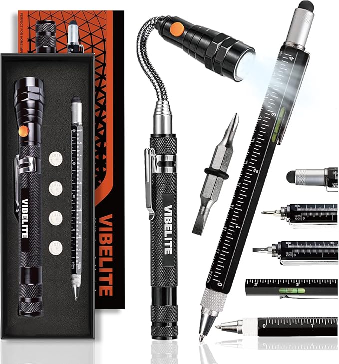 VIBELITE Gifts for Dad, Magnetic Pickup Tool and 6 in 1 Multitool Pen with Touch Screen Stylus, Rulers, Bubble Level, Flathead, Phillips Screwdriver, Ballpoint Pen, Gifts for Men, 2 Pack