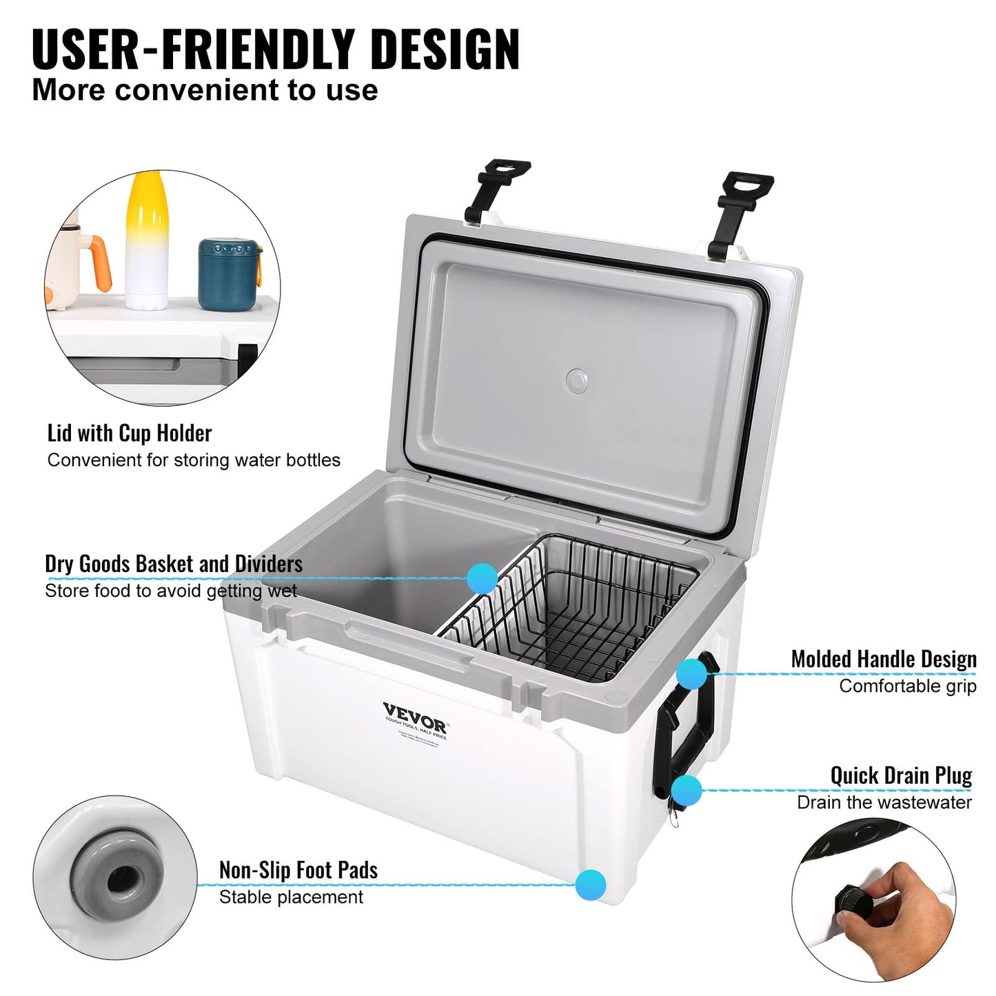 VEVOR Ultra-Light Hard Cooler 52 QT, Ice Retention Cooler with Heavy Duty Handle, Ice Chest Lunch