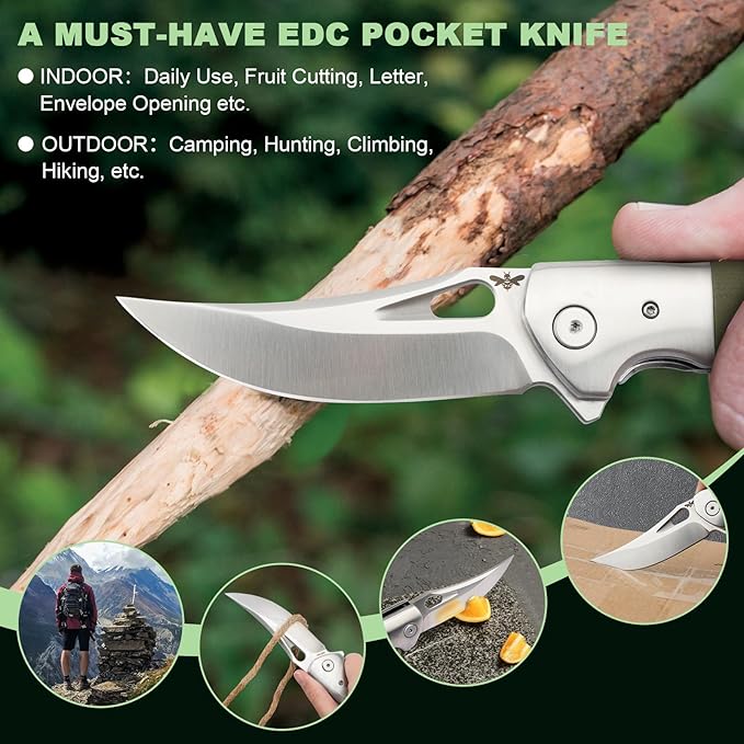 Pocket Knife with Clip, 3.7" 14C28N Blade EDC Folding Knife with Green G10 Handle, Outdoor Camping Folding Knives for Men Women