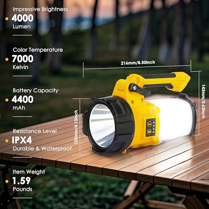 Tripod Rechargeable Camping Lantern, 6 Modes LED Flashlight Handheld Spotlight with 4000LM, 4400mAh Power Bank, IPX4 Waterproof Searchlight Work Light for Emergency Hiking Survival Kit - Yellow