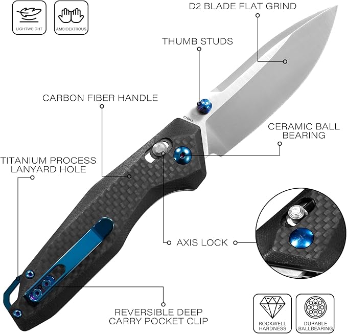 Dispatch Axis Lock Folding Pocket Knife with Clip, 3.27" D2 Steel Blade and Carbon Fiber Handle, Camping Folding Knives for Men Women Hiking Survival Pocketknife