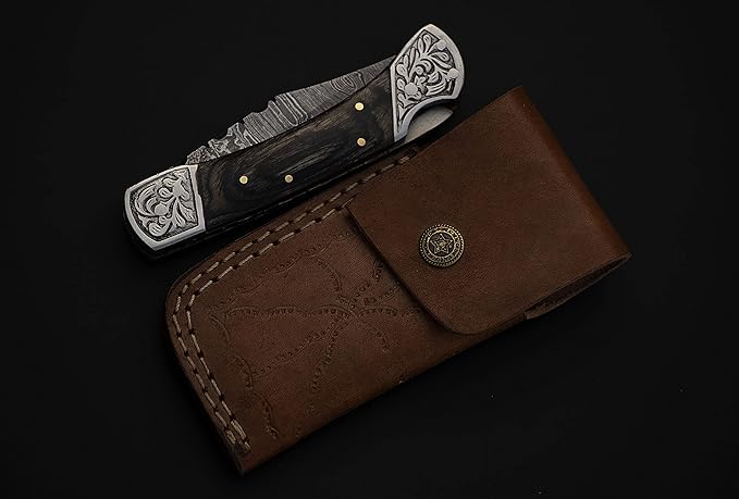 8.5" long Folding Knife, Wood Scale with Engraved steel bolster, custom made 4.25" Hand Forged Damascus steel blade Cow hide leather sheath with belt loop (Black)