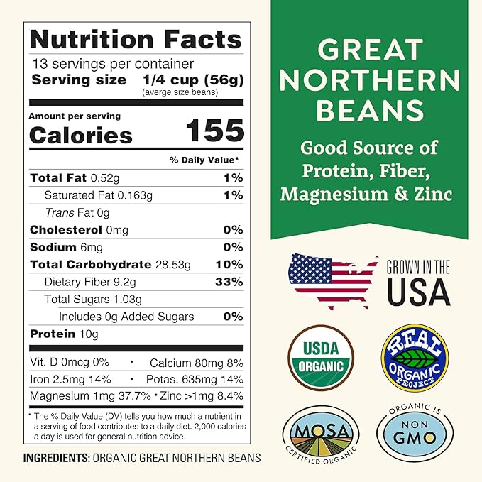 Organic Great Northern Beans 1lb Bulk by Doudlah Farms - Farmed From Regenerative Soil - Tested Clean Certified - Vegan, Non-GMO, Grown In USA - Fiber & Protein for Soups, Burritos, Salads, and Chili