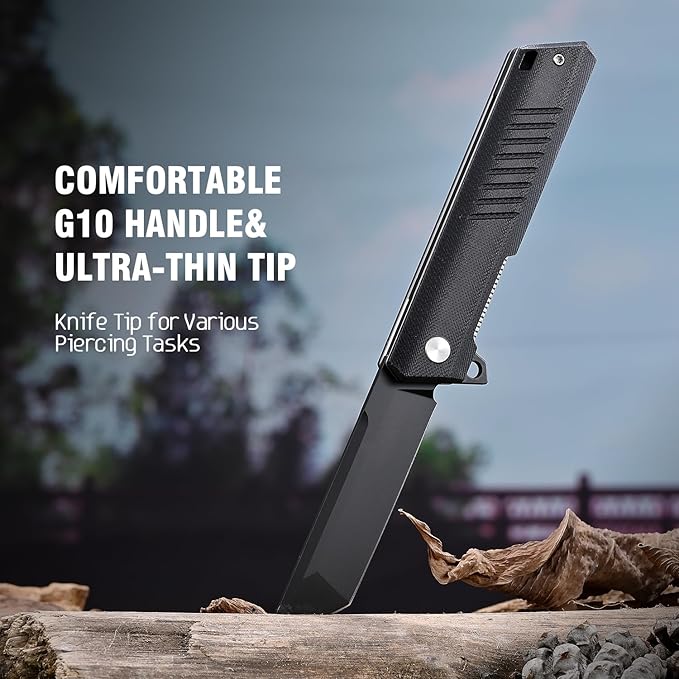 Folding Pocket Knife with D2 Steel Blade, G10 Handle, Black, EDC Knife, Pocket Clip for Camping