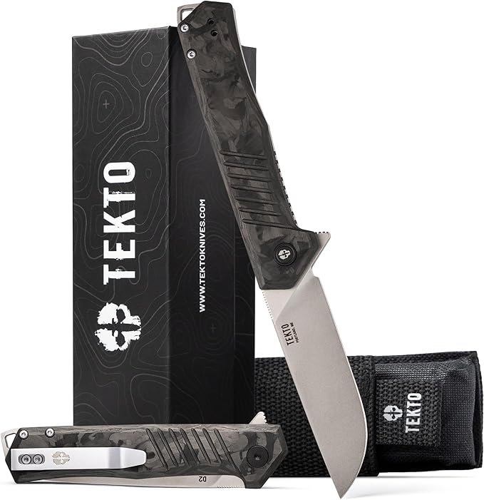 KNIVES F1 Alpha Folding Pocket Knife - Modified Straight Back Blade, Titanium Coated D2 Steel, Ideal for Camping & Backpacking, Tactical Forged Carbon Fiber Handle, Silver Titanium Accents