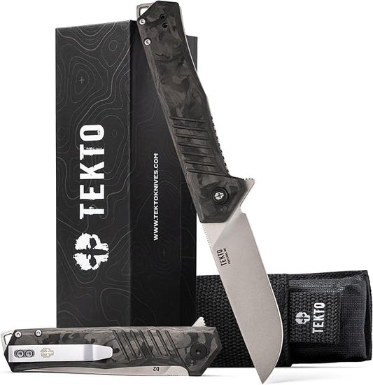KNIVES F1 Alpha Folding Pocket Knife - Modified Straight Back Blade, Titanium Coated D2 Steel, Ideal for Camping & Backpacking, Tactical Forged Carbon Fiber Handle, Silver Titanium Accents