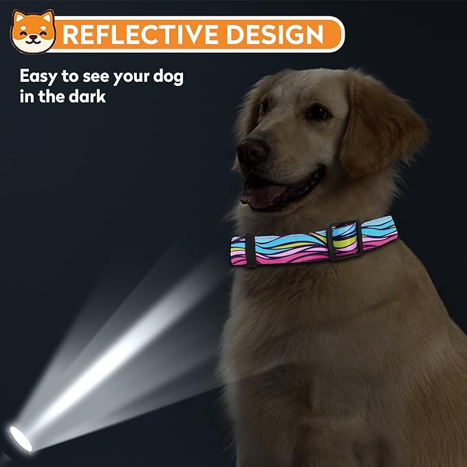 Reflective Dog Collar, Adjustable Soft Neoprene Padded Nylon Pet Collars with Buckle for Puppy and Small Dogs, Cats, Colorful Wave Pattern,XL