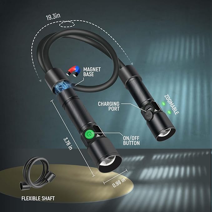 CLAKAP LED Neck Light, 1800Lumens Rechargeable Neck Flashlight with Magnetic Base, Detachable Neck Work Light with Zoomable Flashlight, Flexible Around Mechanic Neck Lamp for Car Repairing Reading