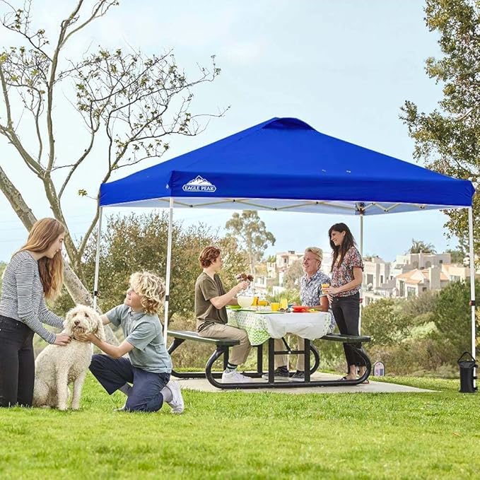 EAGLE PEAK Pop Up Canopy Tent with Wheeled Carry Bag, 8 Stakes, 4 Ropes, 4 Weight Bags, Easy Set Up Tent Canopy, 10x10 ft, 100sqft of Shade, Blue