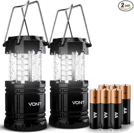 2 Pack LED Camping Lantern, LED Lanterns, Suitable Survival Kits for Hurricane, Emergency Light for Storm, Outages, Outdoor Portable Lanterns, Black, Collapsible, (Batteries Included)